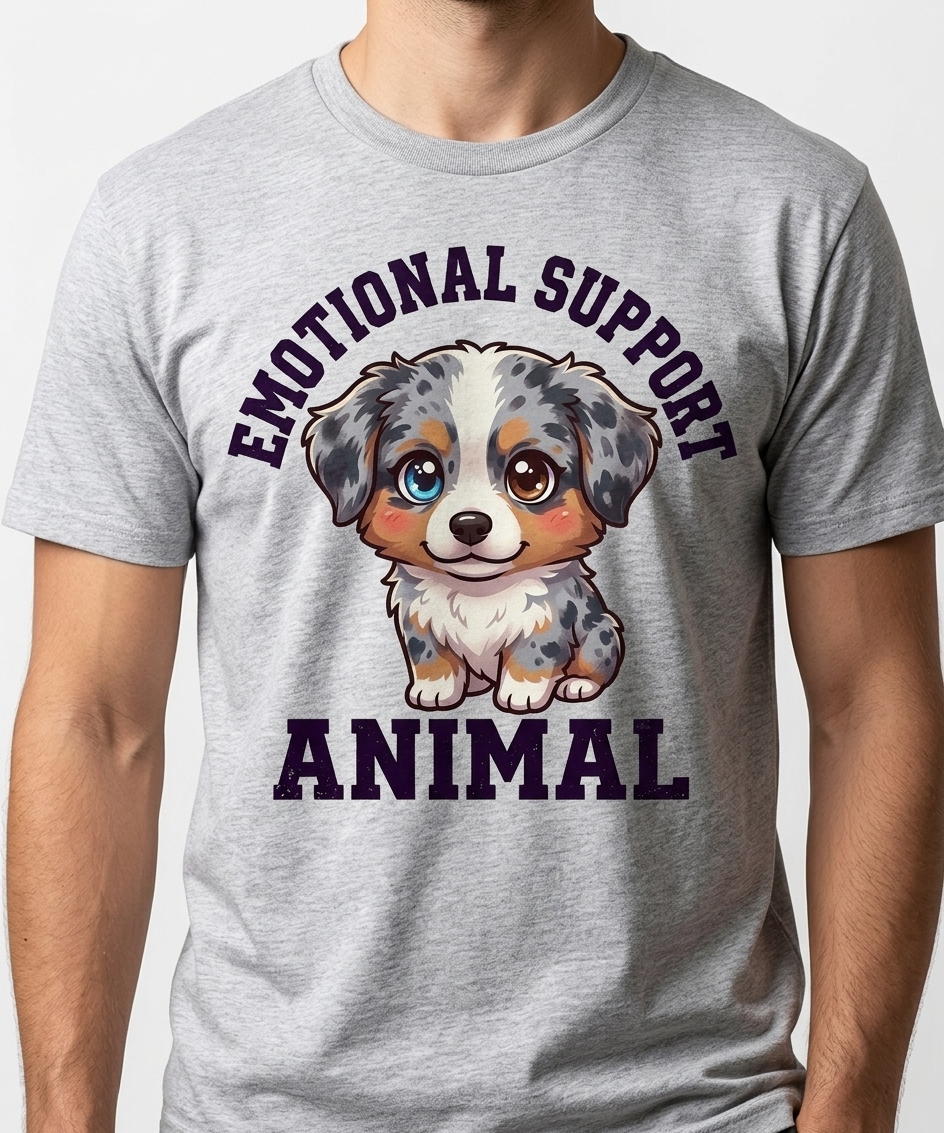 Emotional Support Australian Shepherd t-shirt featuring a cute chibi australian shepherd