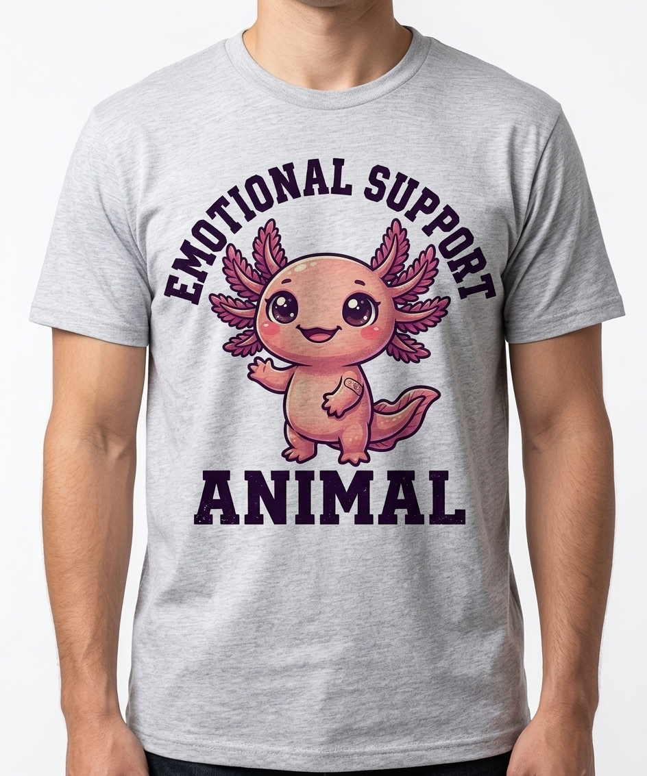 Emotional Support Axolotl t-shirt featuring a cute chibi axolotl