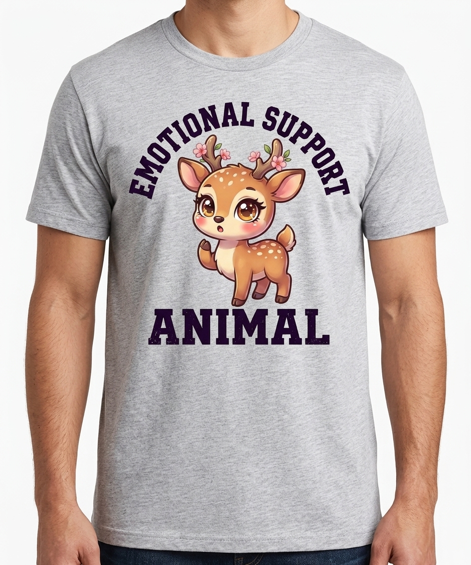 Emotional Support Deer t-shirt featuring a cute chibi deer
