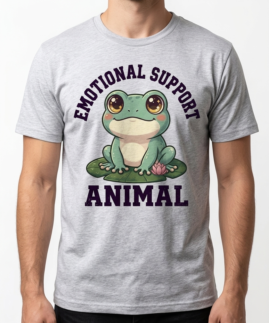 Emotional Support Frog t-shirt featuring a cute chibi frog
