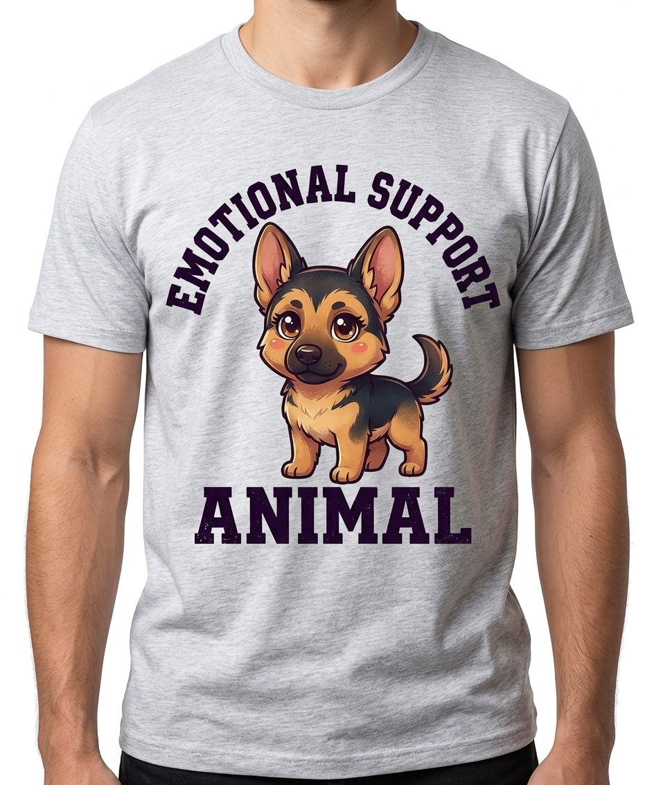 Emotional Support German Shepherd t-shirt featuring a cute chibi german shepherd