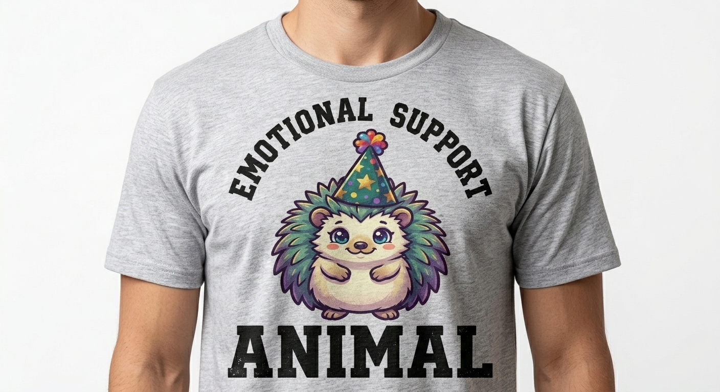 Emotional Support Hedgehog t-shirt featuring a cute chibi hedgehog
