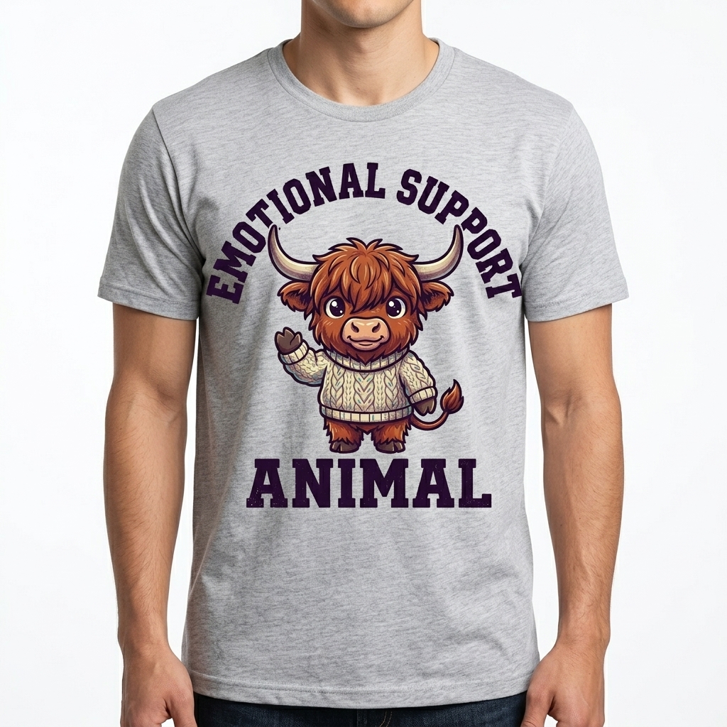 Emotional Support Highland Cow t-shirt featuring a cute chibi highland cow