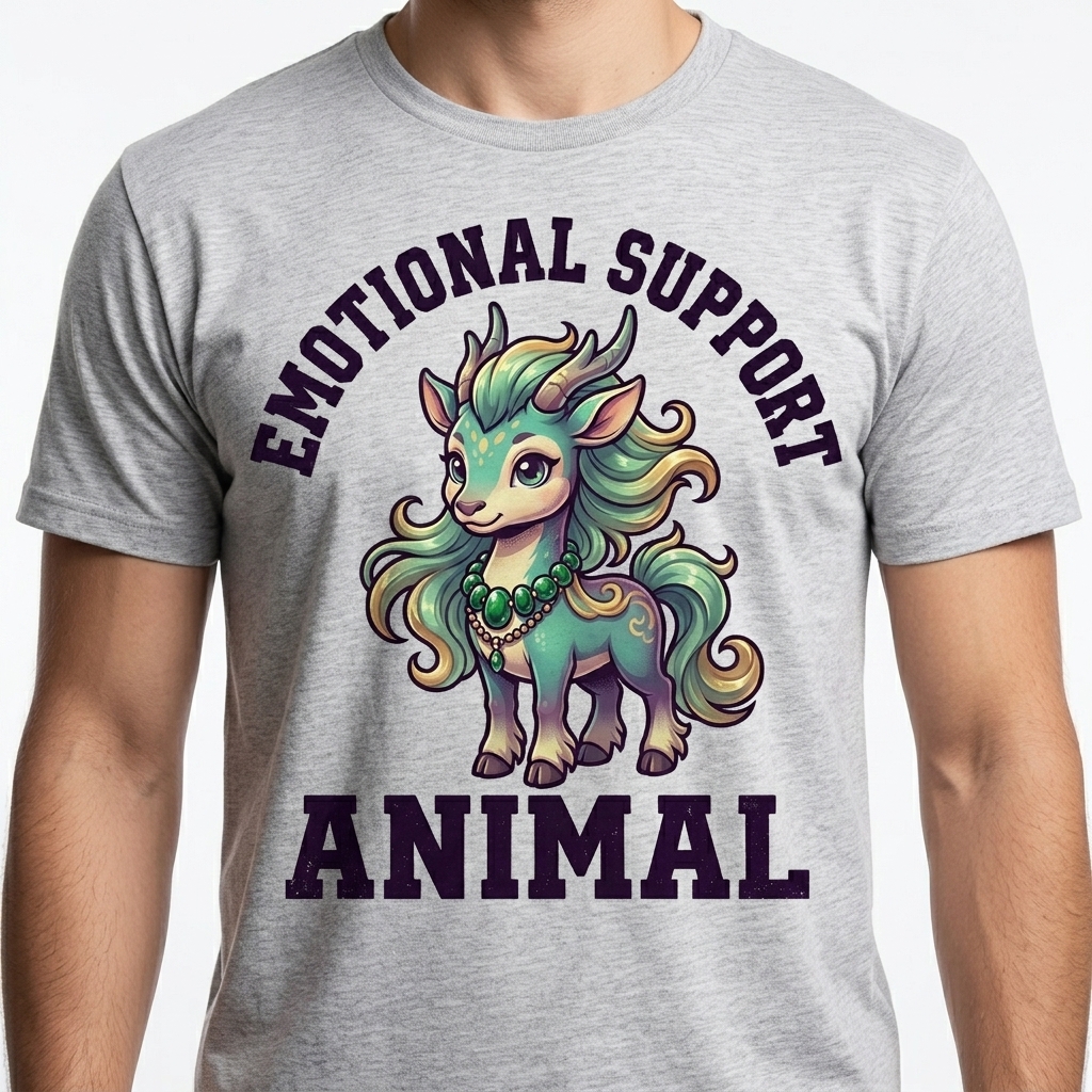 Emotional Support Kirin t-shirt featuring a cute chibi kirin