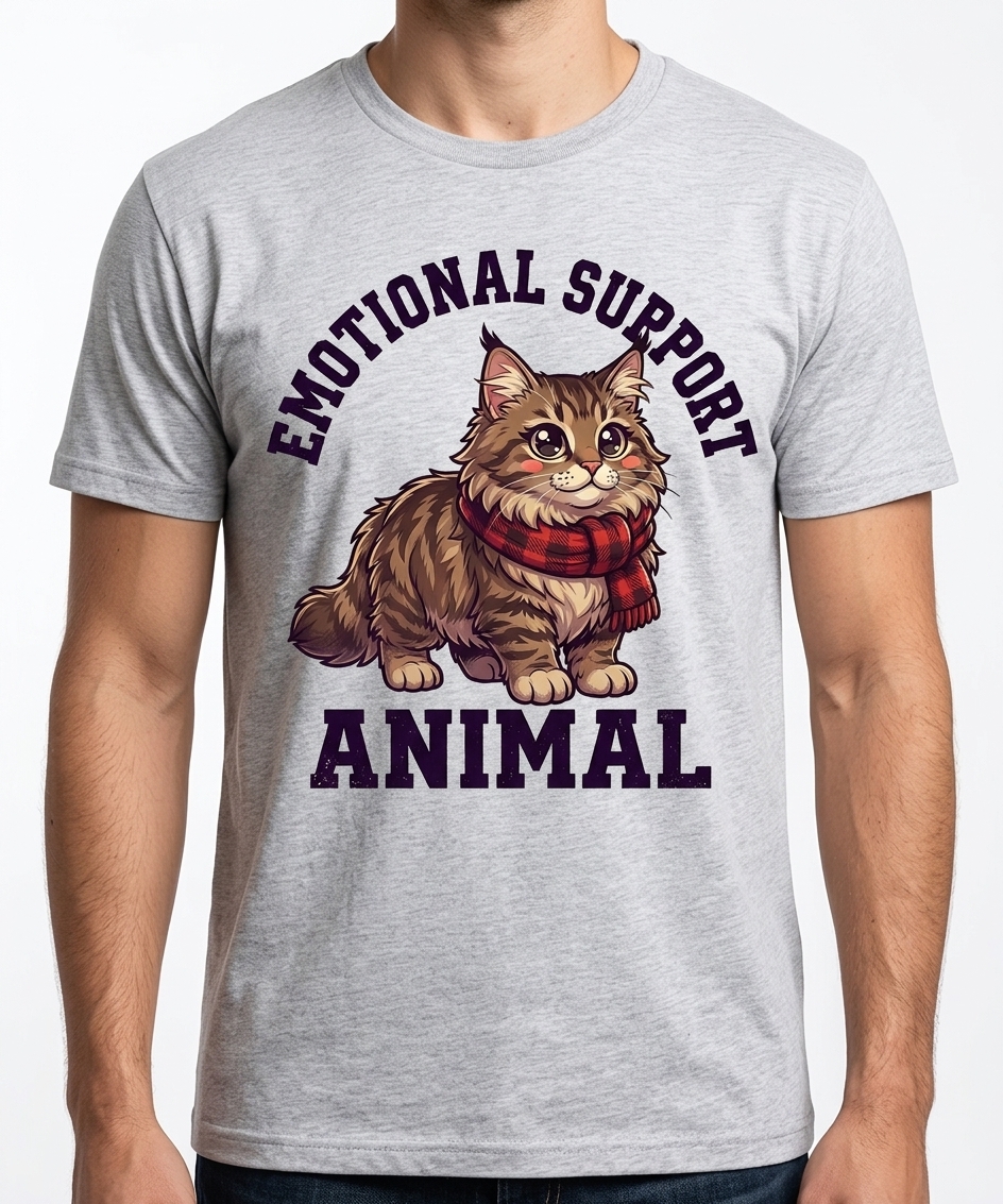 Emotional Support Maine Coon t-shirt featuring a cute chibi maine coon