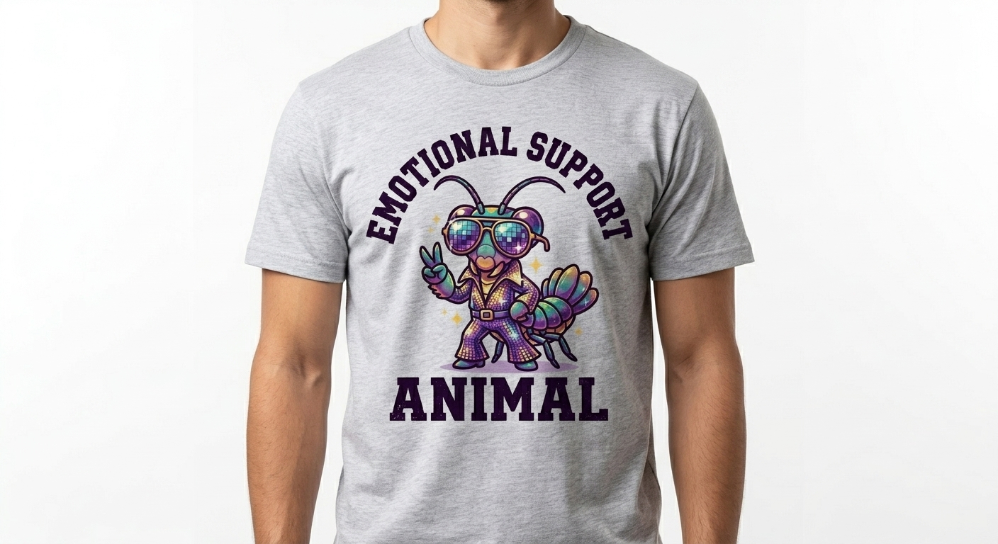 Emotional Support Mantis Shrimp t-shirt featuring a cute chibi mantis shrimp