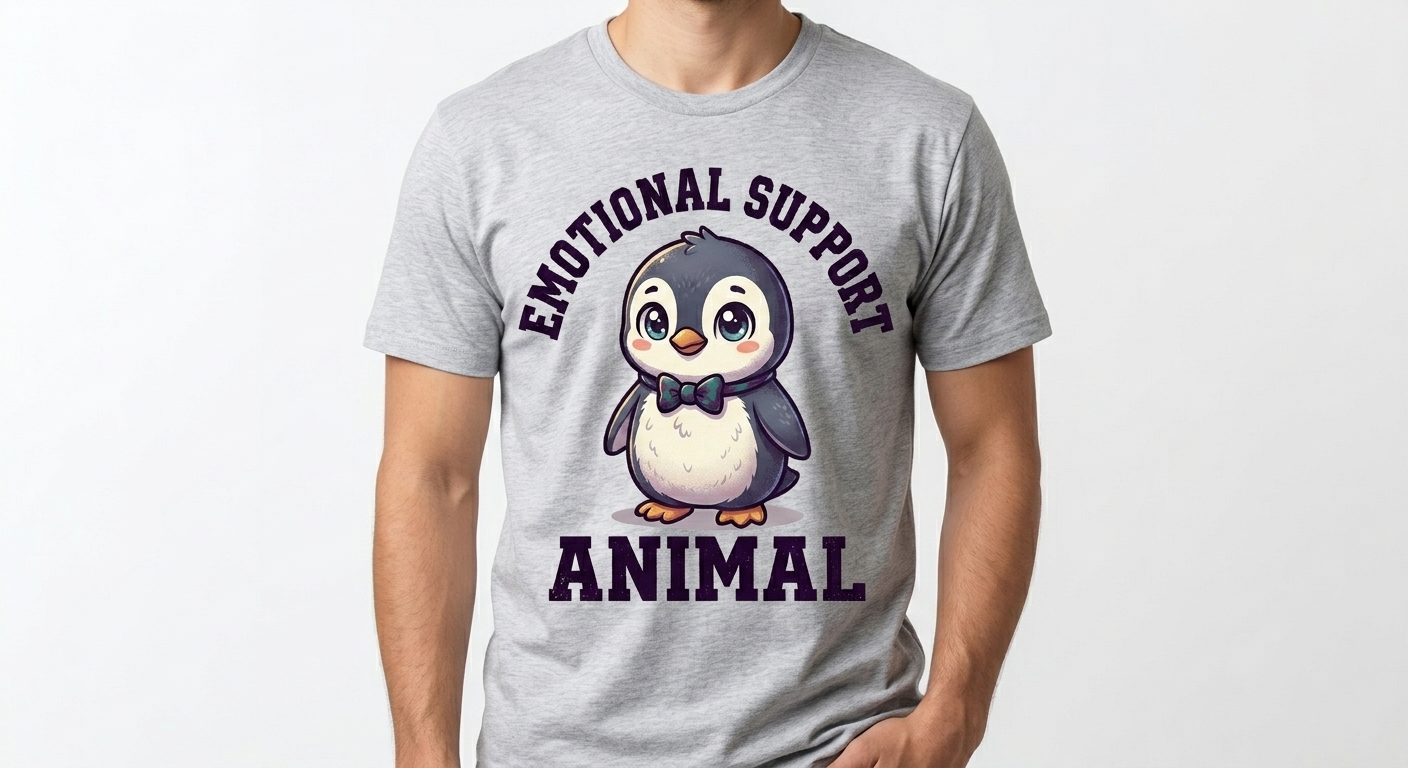 Emotional Support Penguin t-shirt featuring a cute chibi penguin