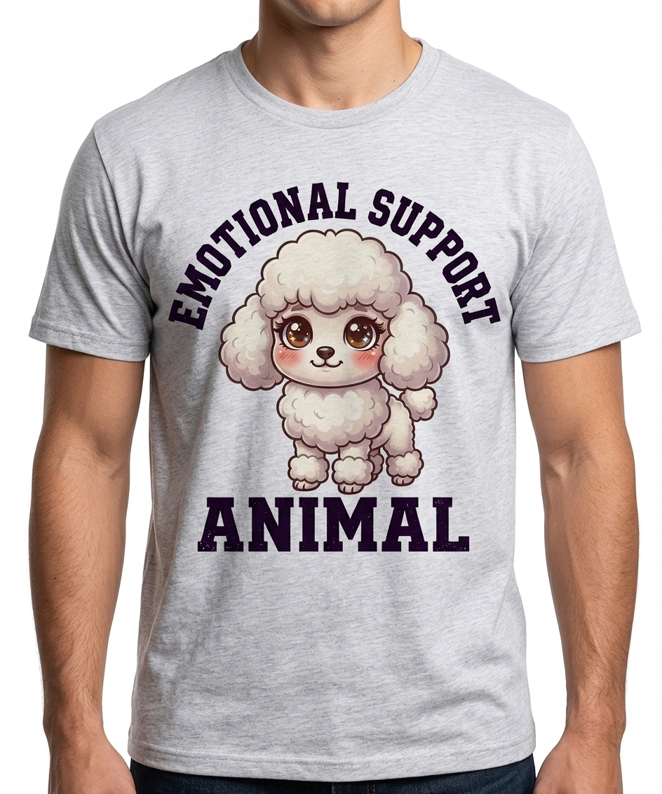 Emotional Support Poodle t-shirt featuring a cute chibi poodle