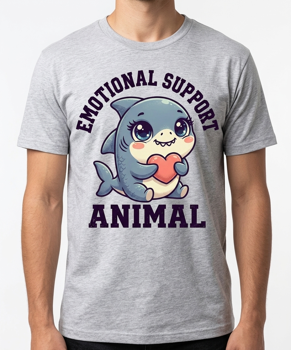Emotional Support Shark t-shirt featuring a cute chibi shark