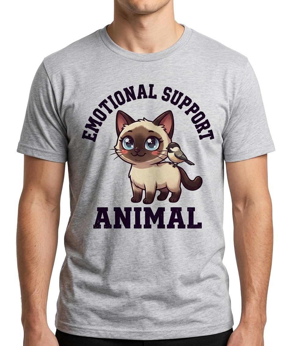 Emotional Support Siamese t-shirt featuring a cute chibi siamese
