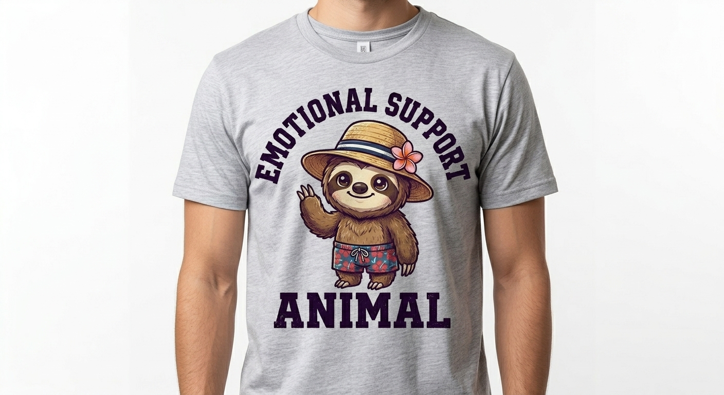 Emotional Support Sloth t-shirt featuring a cute chibi sloth