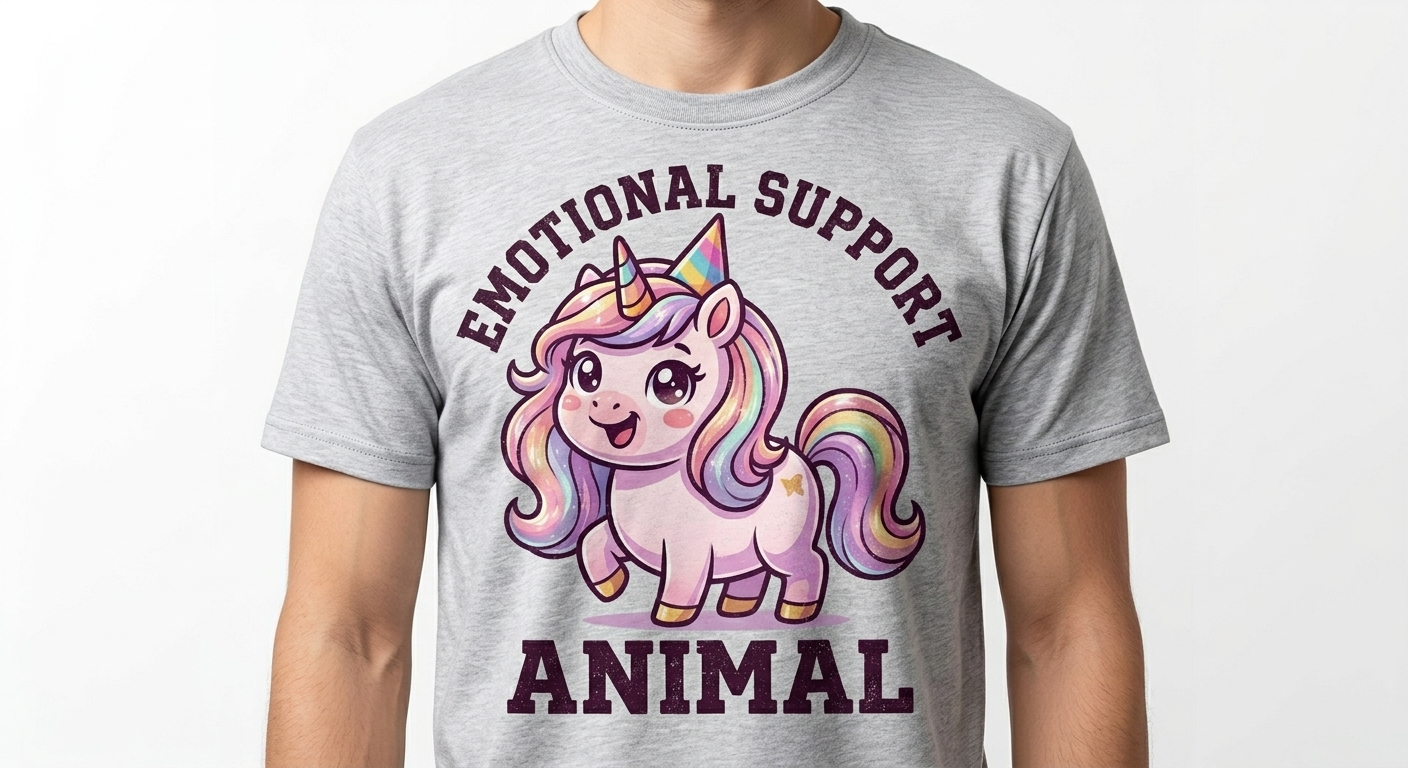 Emotional Support Unicorn t-shirt featuring a cute chibi unicorn